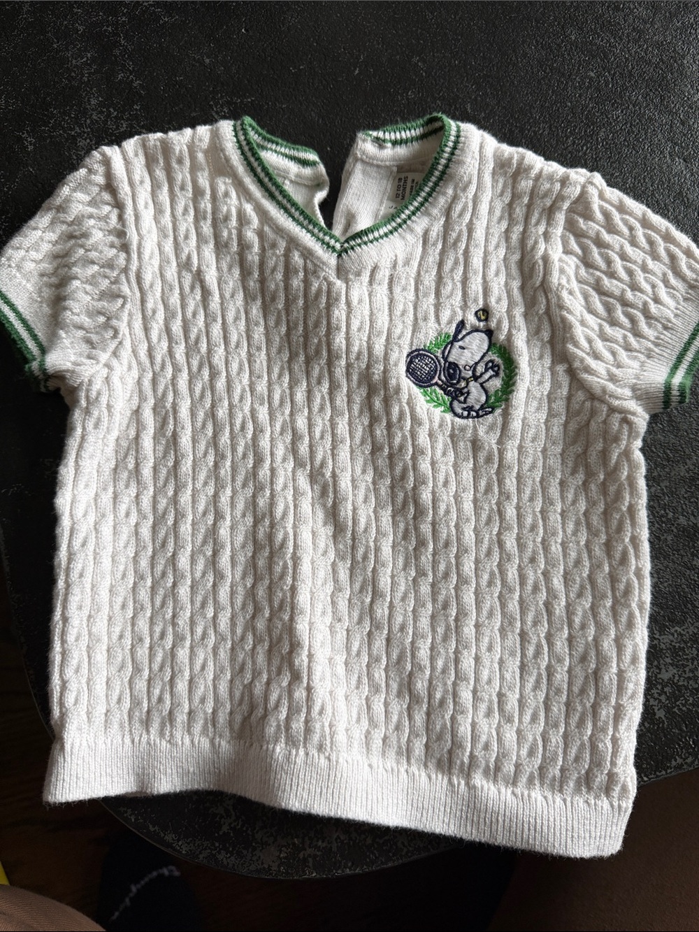 Janie and Jack Peanuts Tennis White Cable Knit V-Neck Shirt with Green Trim